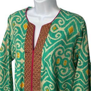 Sana Safinaz Kurta Large Green Pink Trim Gold Metallic Accents Shirt Cover Up